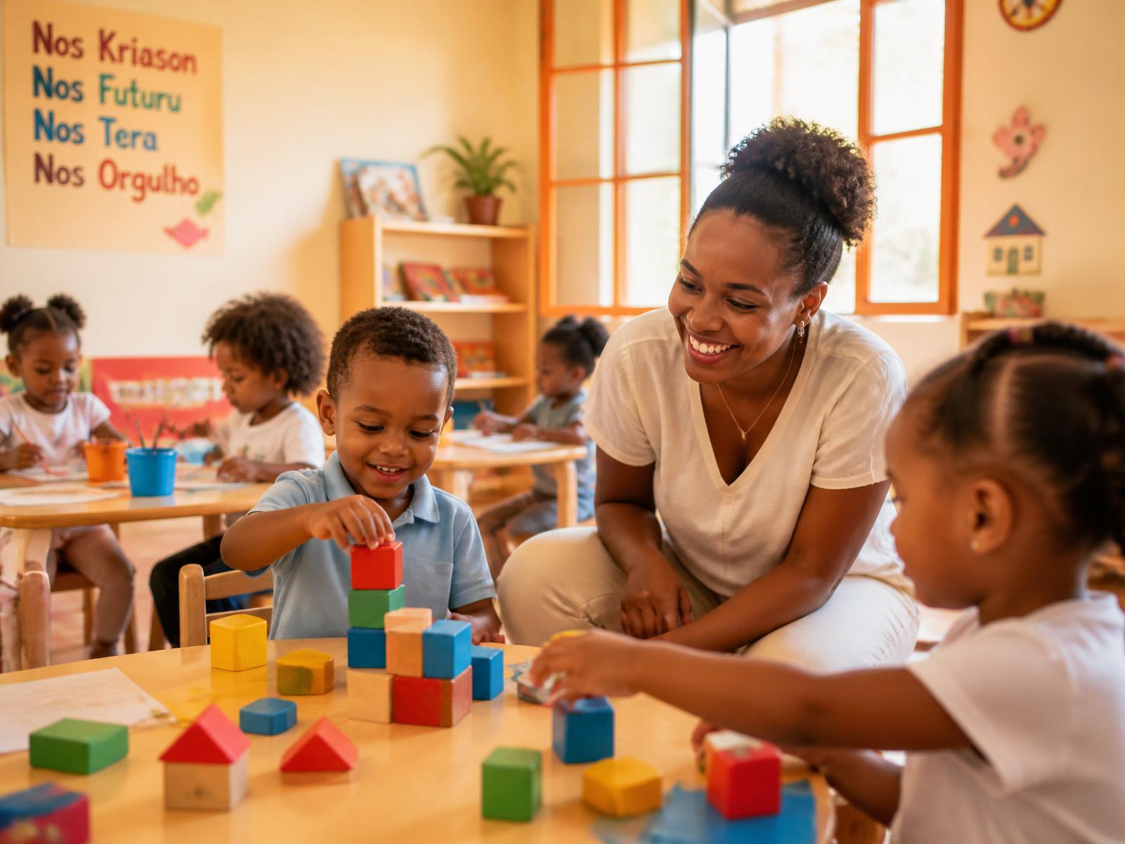 Educadora e crianças a brincar num jardim infantil em Cabo Verde